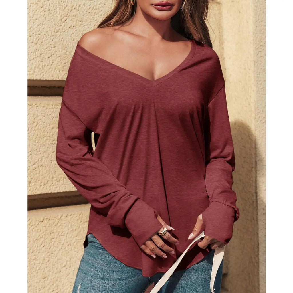 Women’s V Neck Long Sleeve Tunic Top – Loose Fit Curved Hem Casual Basic T-Shirt
