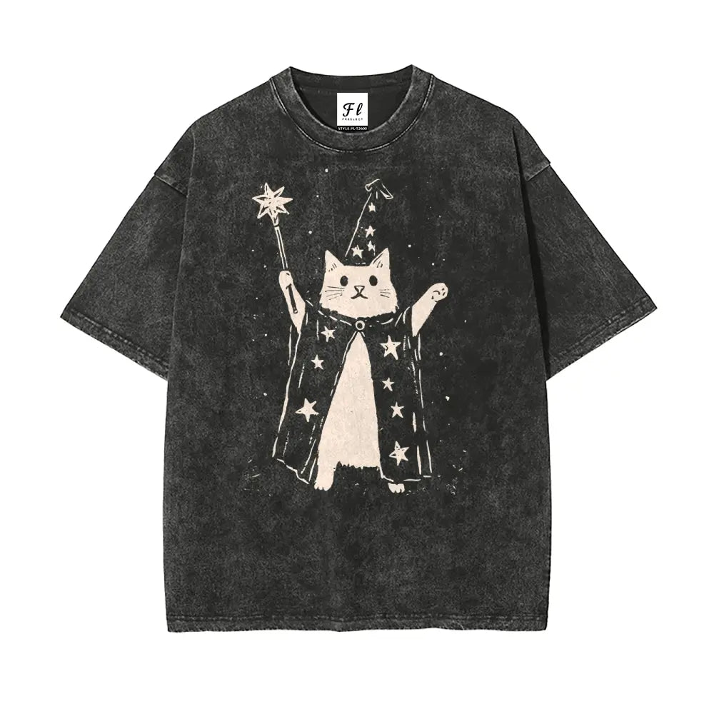 Wizard Cat Vintage Washed T-Shirt/Sweatshirt/Hoodie – Cute Fantasy Graphic Unisex Tee
