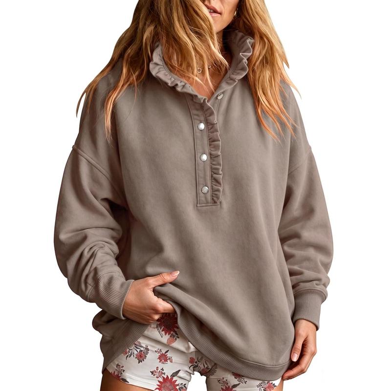 Women's Ruffle Mock Neck Sweatshirt – Oversized Snap Button Casual Pullover