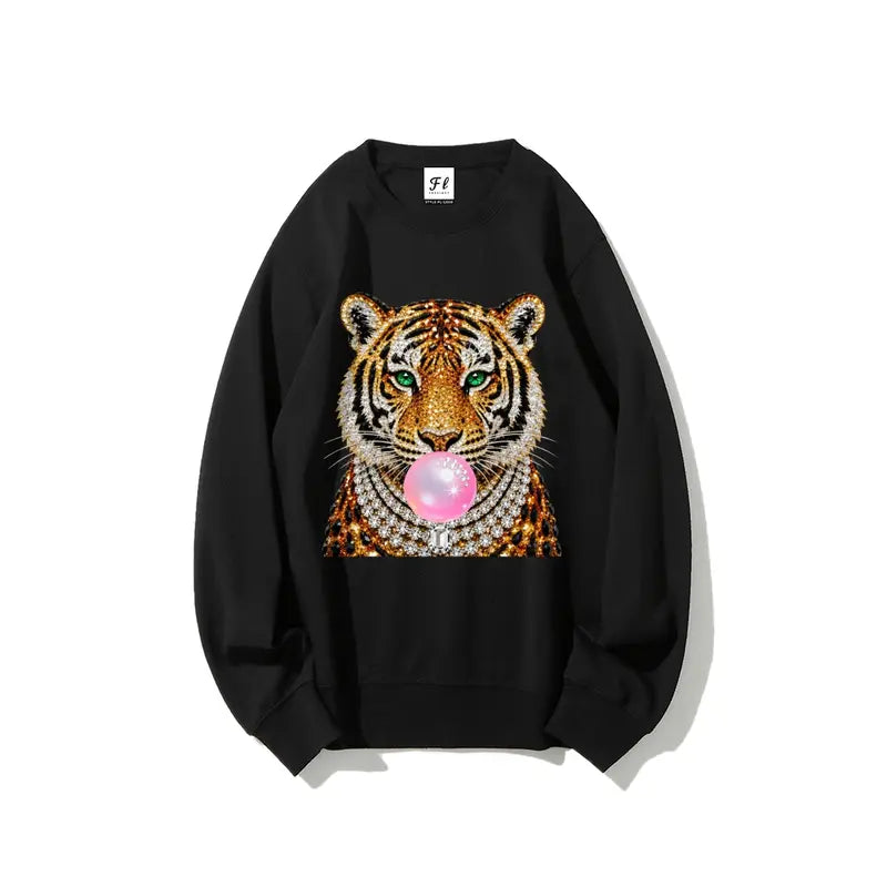 Glam Tiger Bubble Gum T-Shirt/Sweatshirt/Hoodie – Rhinestone Style Animal Graphic Tee, Y2K Streetwear Top