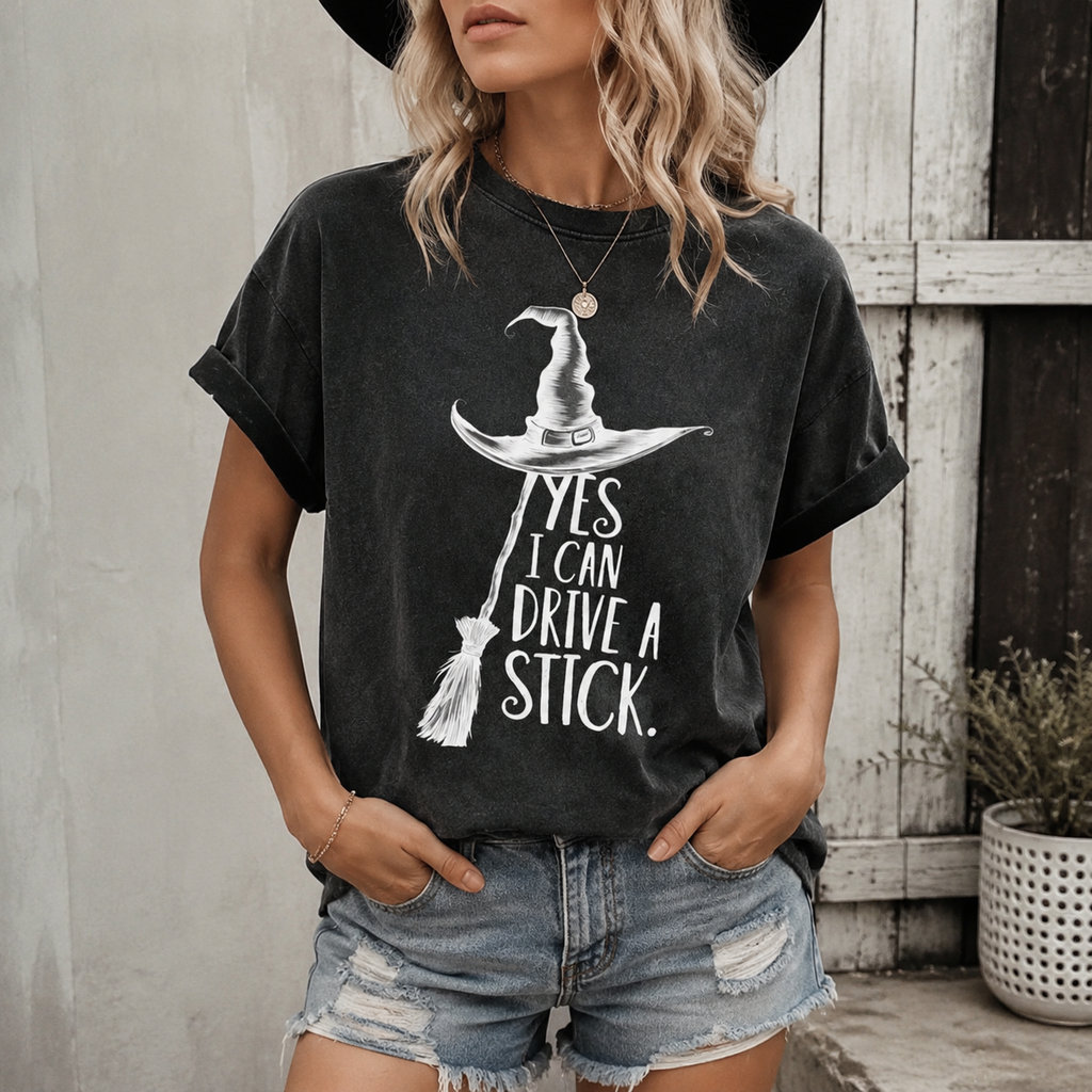 Funny Witch Graphic T-Shirt/Sweatshirt/Hoodie – Yes I Can Drive A Stick Halloween Tee