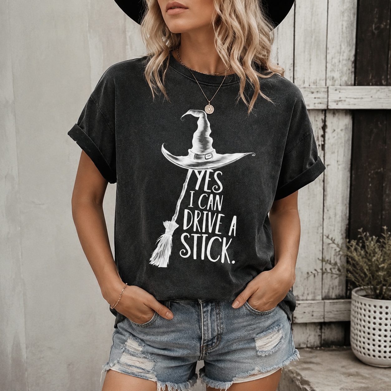 Funny Witch Graphic T-Shirt/Sweatshirt/Hoodie – Yes I Can Drive A Stick Halloween Tee