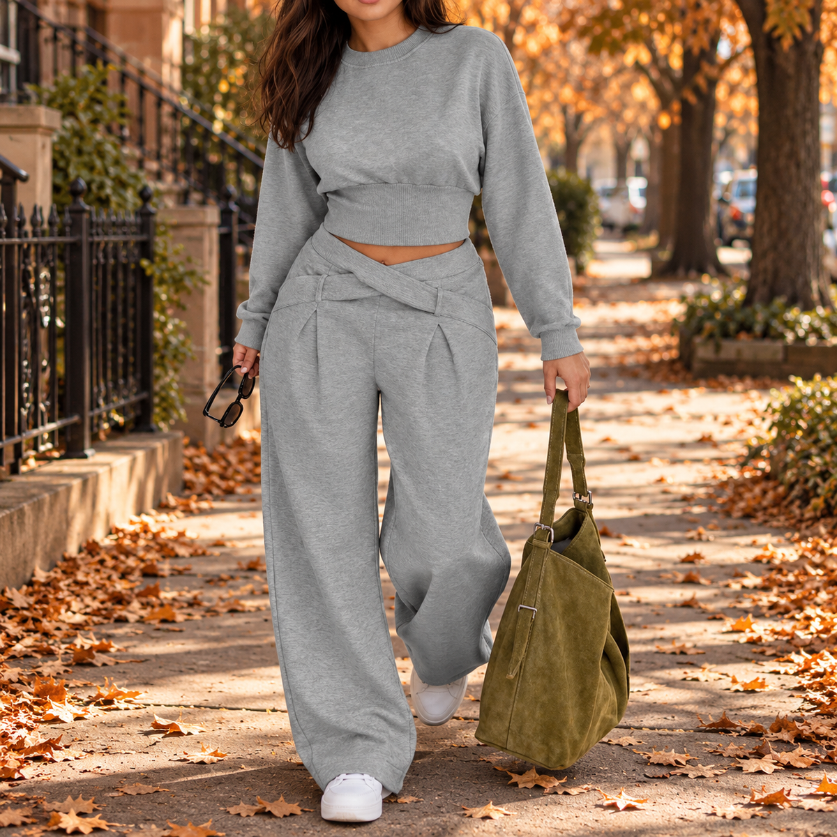 Women's Cross Waist Wide Leg 2-Piece Lounge Set – Cropped Sweatshirt & Pants