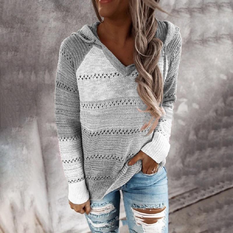 Women’s Color Block Knit Hoodie – Casual Openwork Pullover Sweater