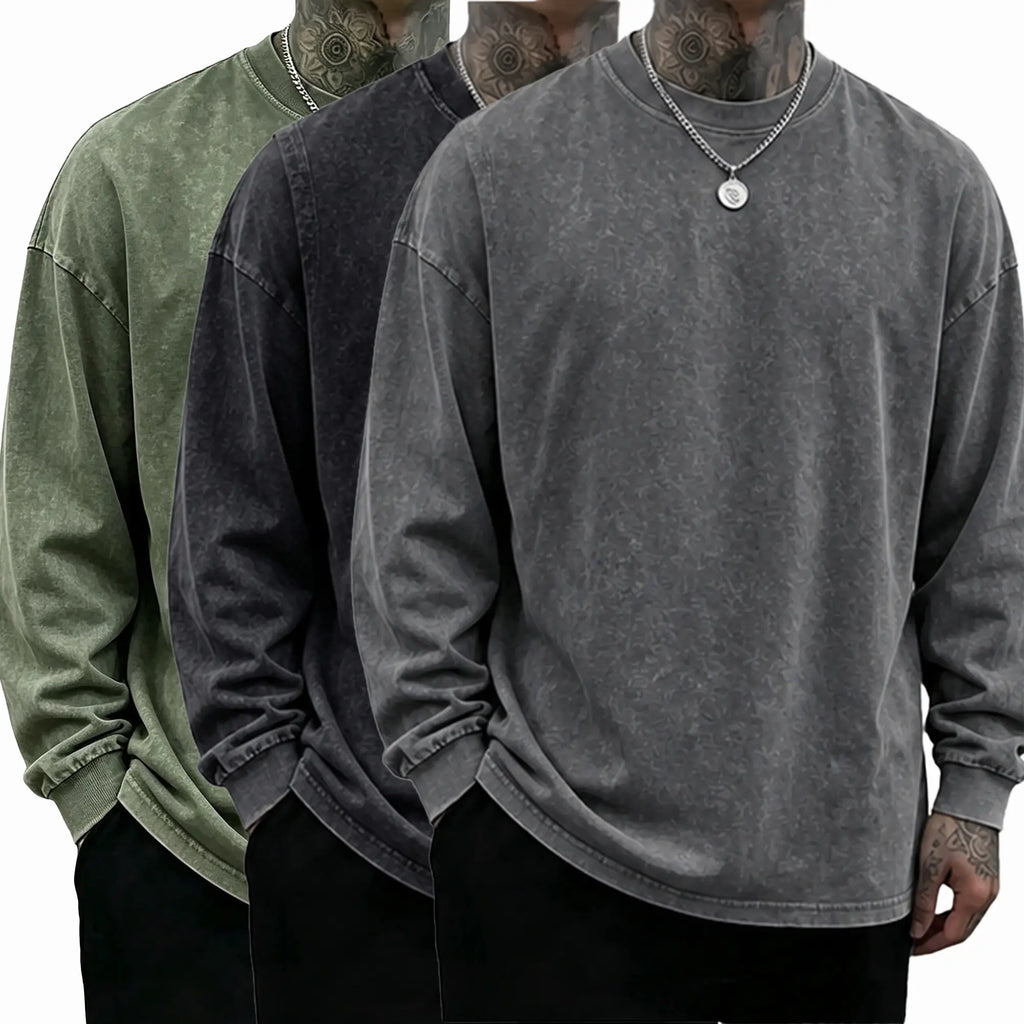 Men’s Vintage Washed Long Sleeve T-Shirt/Sweatshirt/Hoodie – Oversized Crewneck Relaxed Fit Streetwear Tee