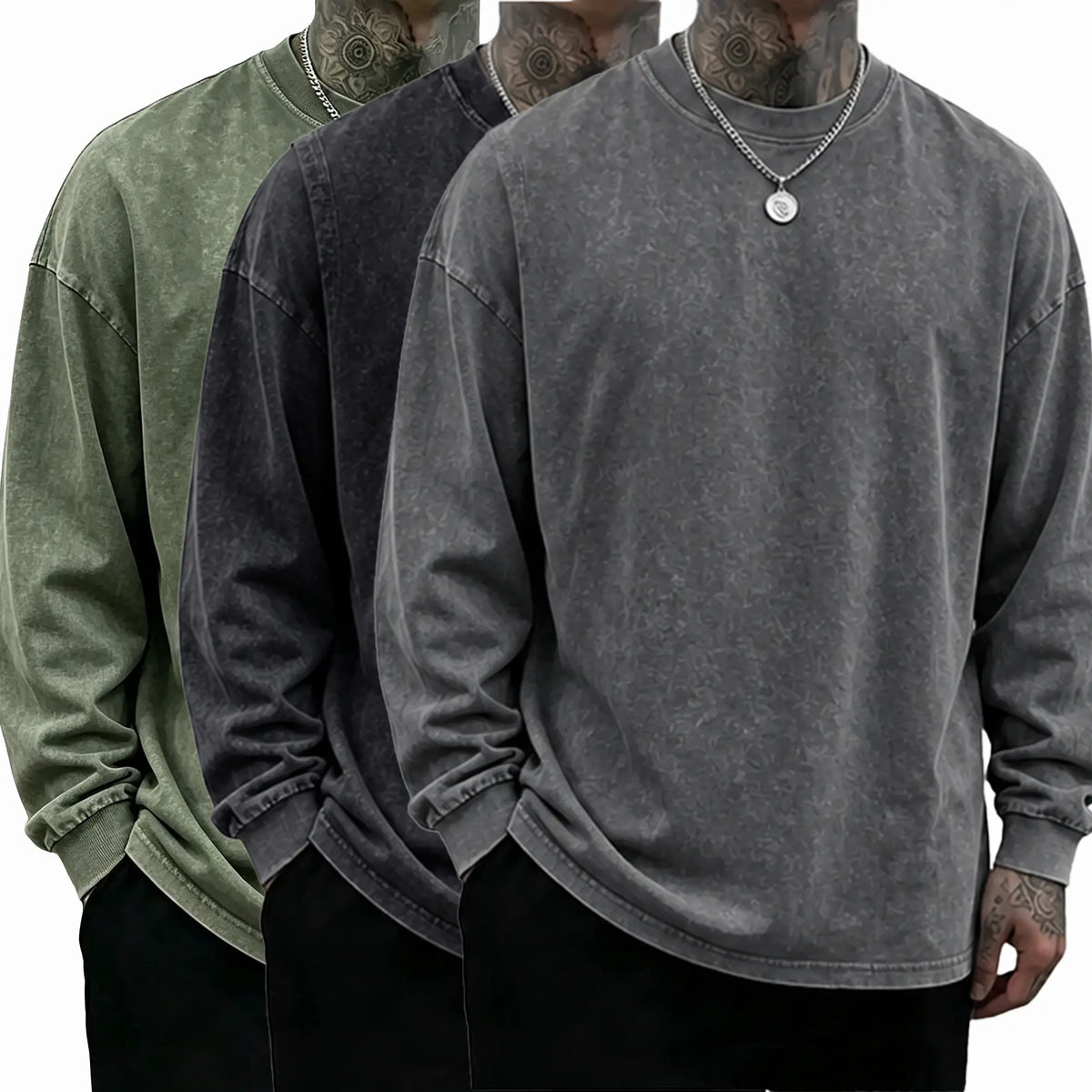 Men’s Vintage Washed Long Sleeve T-Shirt/Sweatshirt/Hoodie – Oversized Crewneck Relaxed Fit Streetwear Tee