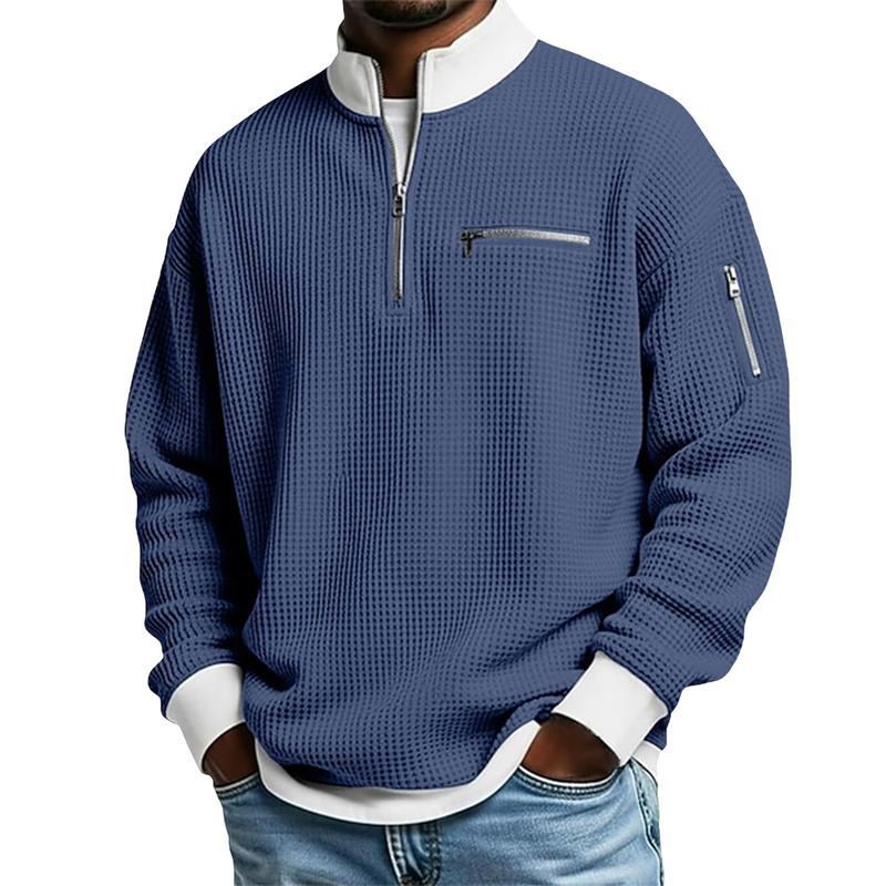 Men's Waffle Knit Quarter-Zip Pullover – Contrast Collar Casual Sweatshirt