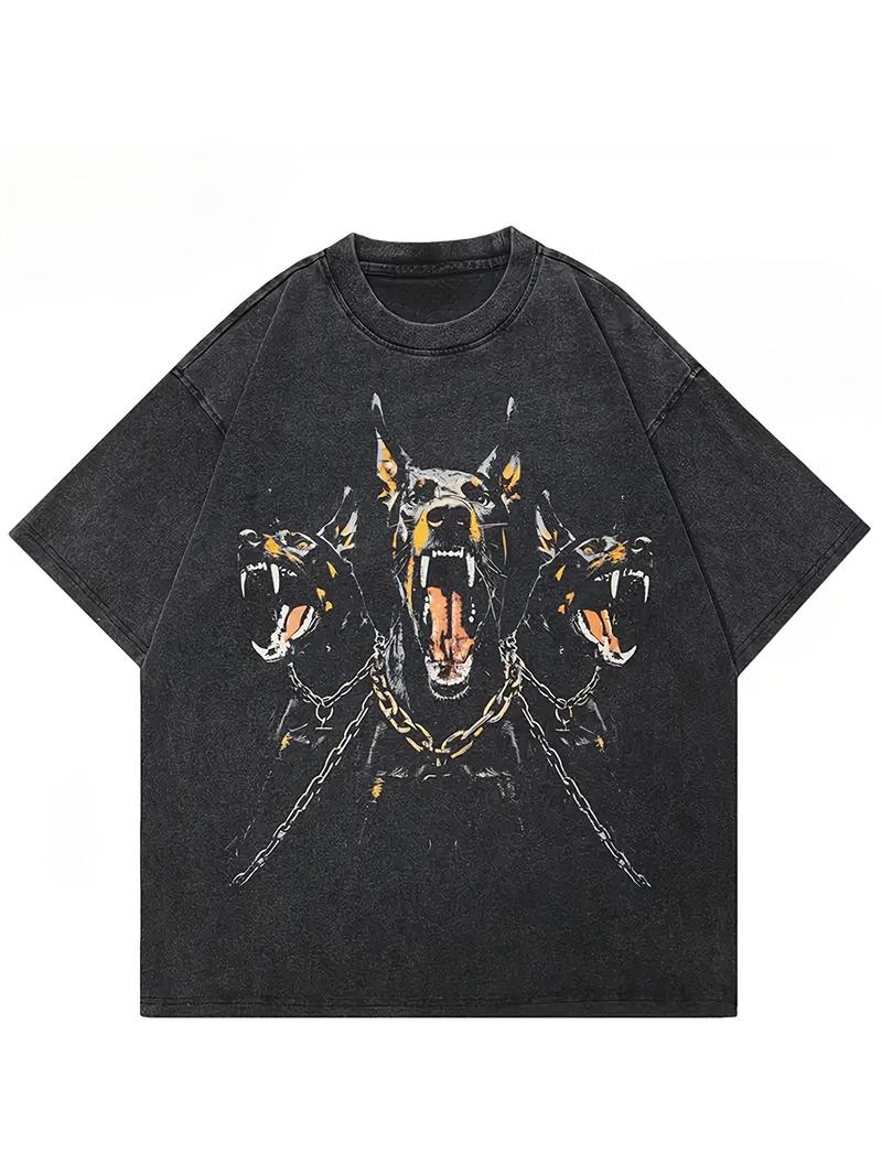 Vintage Washed Doberman Graphic Tee – Oversized Dark Streetwear T-Shirt/Sweatshirt/Hoodie with Distressed Chain Print