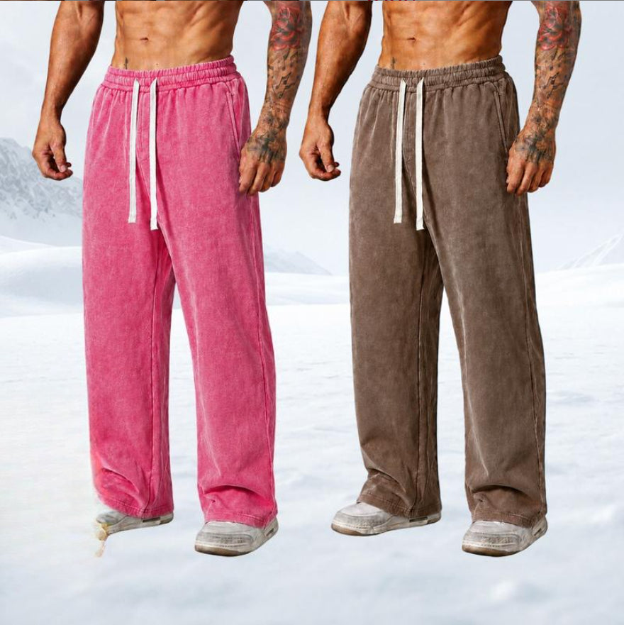 Men's Vintage Washed Baggy Heavyweight Fabric Sweatpants – Loose Straight-Leg Drawstring Pants