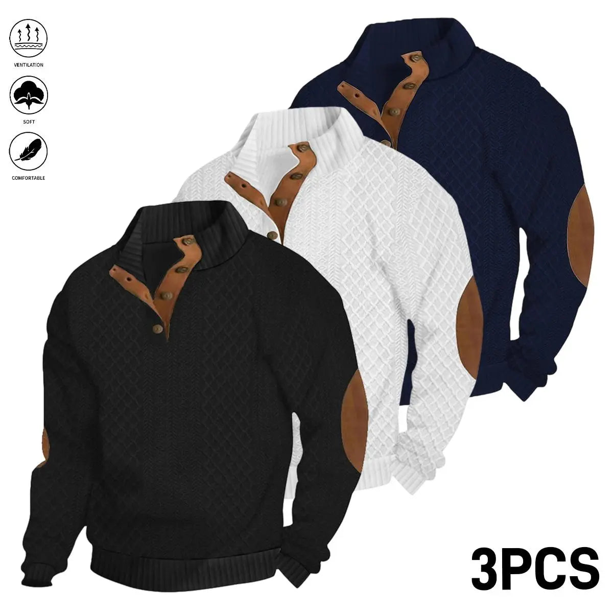 Men’s 3-Pack Textured Knit Pullover – Button Stand Collar Long Sleeve Sweaters with Elbow Patches