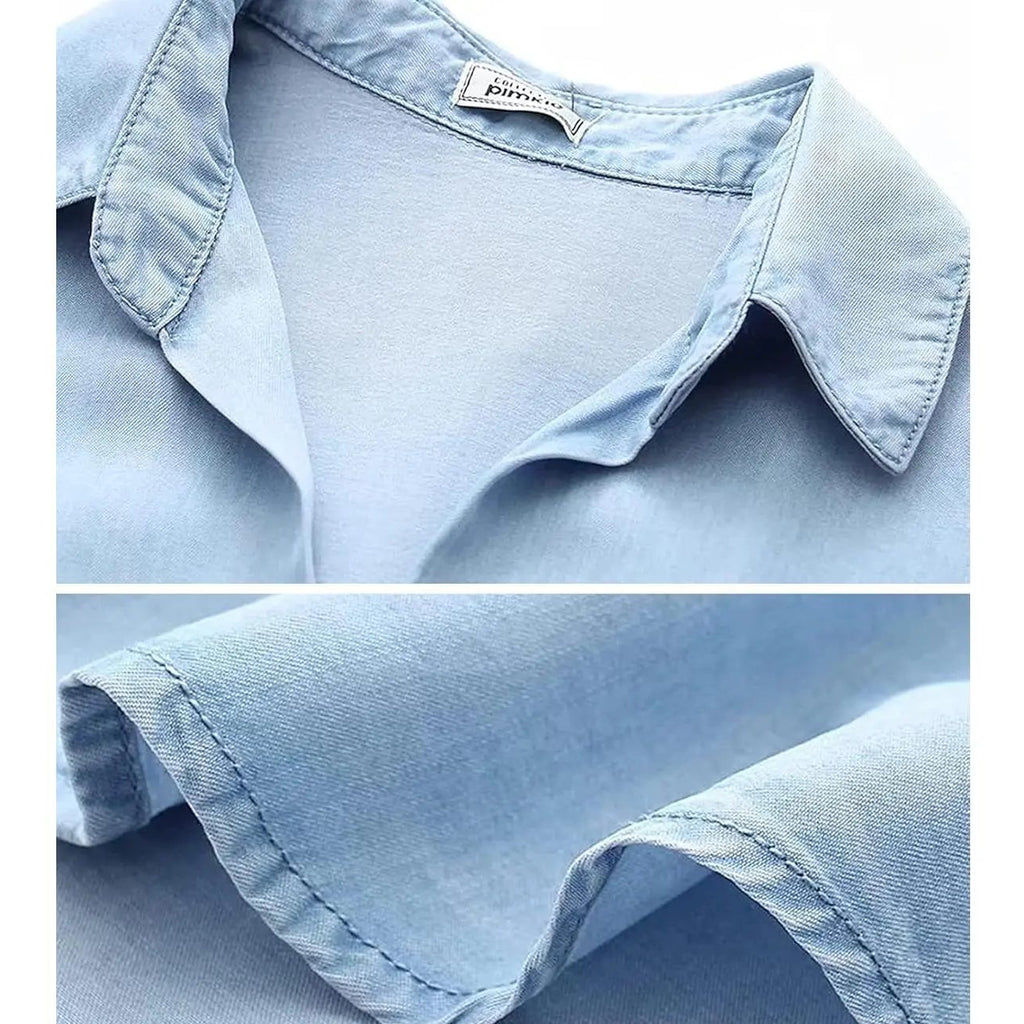 Women’s Tencel Chambray Denim Shirt – Oversized Button Down 3/4 Sleeve Top with Pockets
