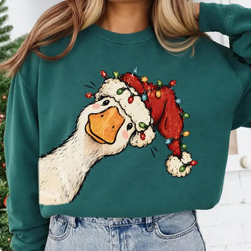Funny Christmas Goose Sweatshirt/Hoodie/T-Shirt – Cute Santa Hat & Holiday Lights Graphic Crewneck, Festive Green Pullover for Women