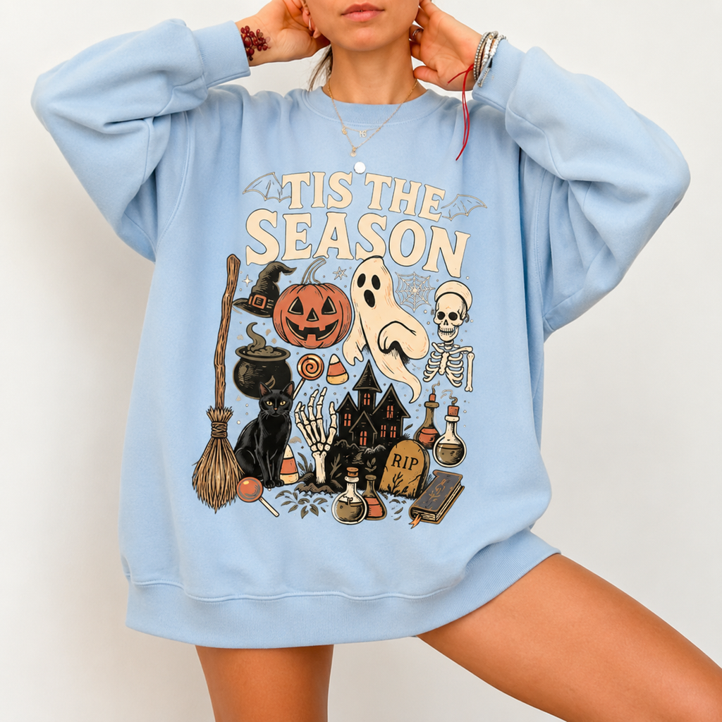 Tis the Season Halloween Shirt/Sweatshirt/Hoodie – Vintage Ghost Pumpkin Black Cat Graphic Tee, Spooky Fall T-Shirt