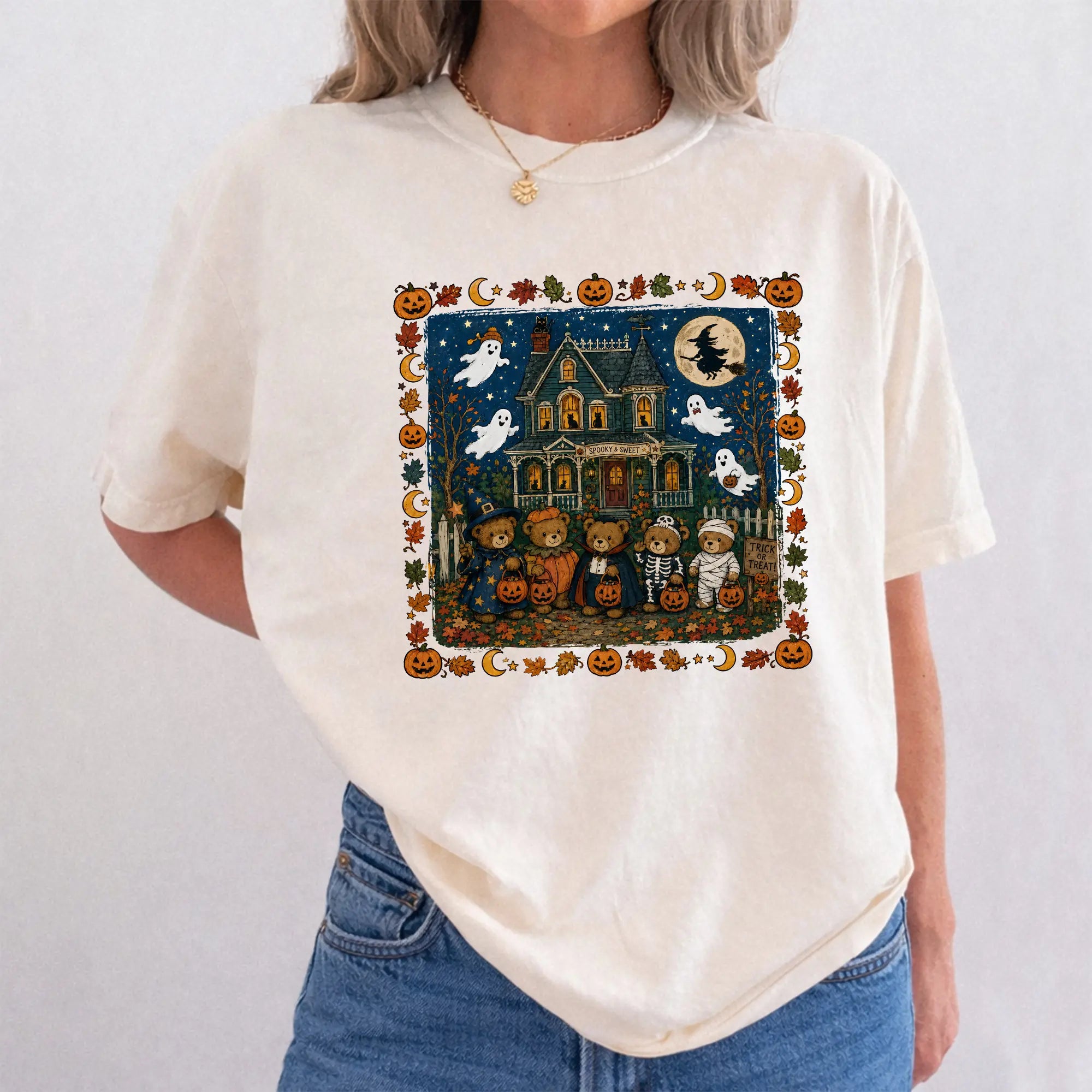 🎃Vintage Halloween Teddy Bear Graphic T-Shirt/Sweatshirt/Hoodie – Haunted House Trick or Treat Cotton Tee