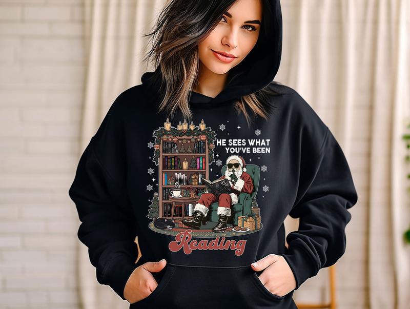 He Sees What You've Been Reading T-Shirt, Santa Reading Dark Romance Book Sweatshirt, Funny Bookish Christmas Hoodie, Smut Reader Gift, Spicy Book Lovers