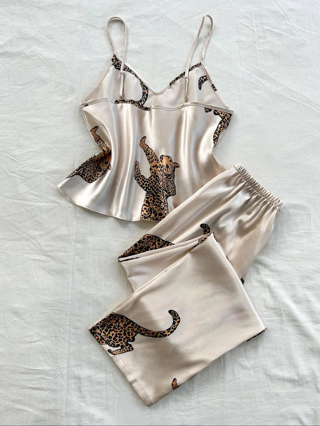 Women's Satin Leopard Pajama Set – Elegant Cami Lounge Set for Cozy Nights