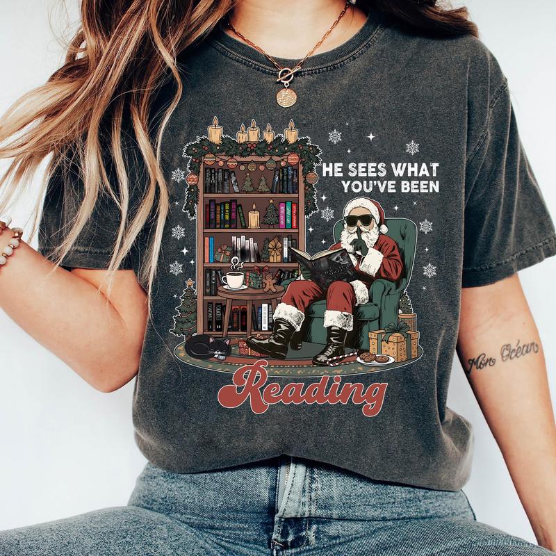He Sees What You've Been Reading T-Shirt, Santa Reading Dark Romance Book Sweatshirt, Funny Bookish Christmas Hoodie, Smut Reader Gift, Spicy Book Lovers