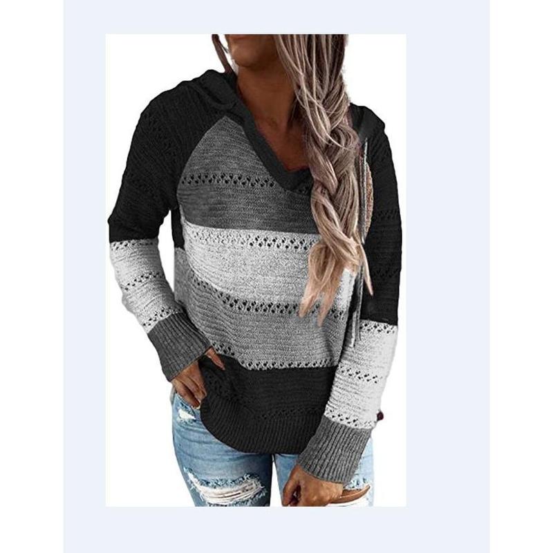Women’s Color Block Knit Hoodie – Casual Openwork Pullover Sweater