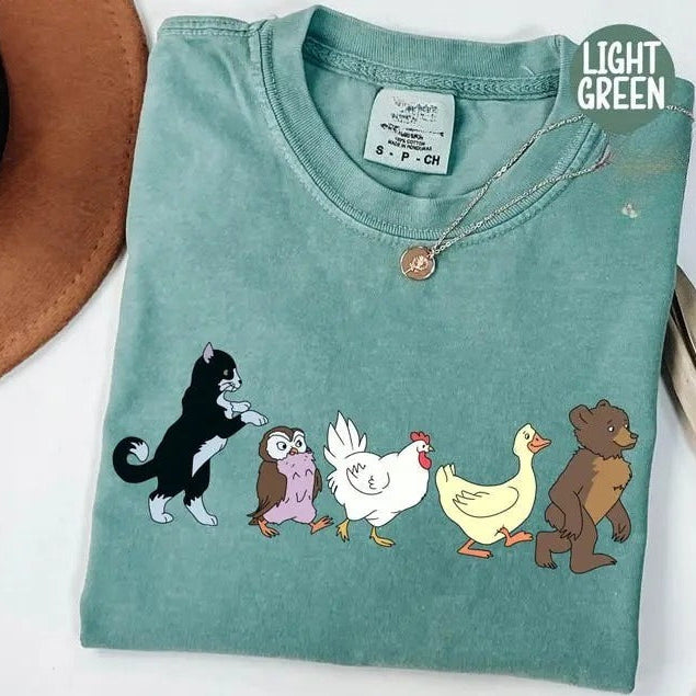 Cute Animal Parade T-Shirt/Sweatshirt/Hoodie – Little Bear Cat Owl Chicken Duck Graphic Tee, Cottagecore Animal Lover Shirt