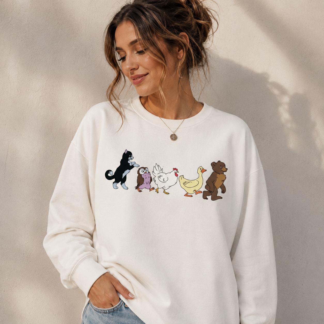 Cute Animal Parade T-Shirt/Sweatshirt/Hoodie – Little Bear Cat Owl Chicken Duck Graphic Tee, Cottagecore Animal Lover Shirt