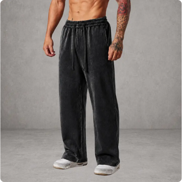 Men's Vintage Washed Baggy Heavyweight Fabric Sweatpants – Loose Straight-Leg Drawstring Pants