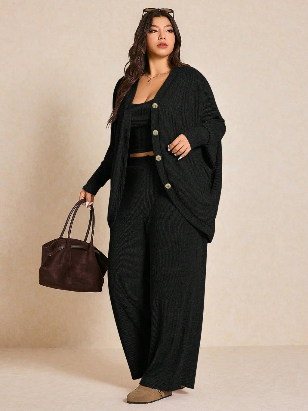 Women's Cozy 3-Piece Knit Lounge Set – Cardigan, Tank Top & Wide-Leg Pants