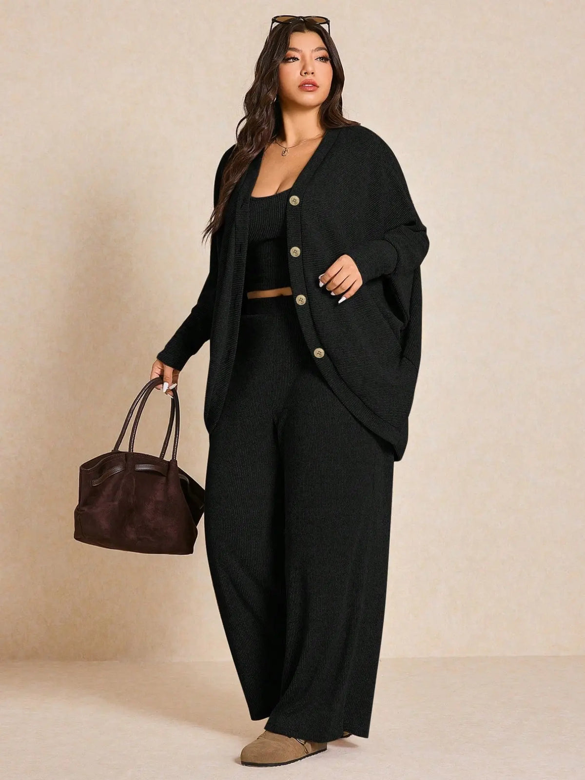 Women's Cozy 3-Piece Knit Lounge Set – Cardigan, Tank Top & Wide-Leg Pants