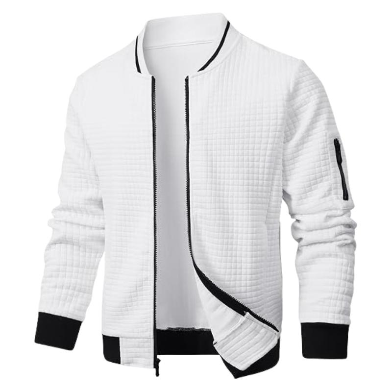 Men's Quilted Bomber Jacket – Black & White Contrast Zip-Up Casual Jacket, Modern Lightweight Streetwear Outerwear