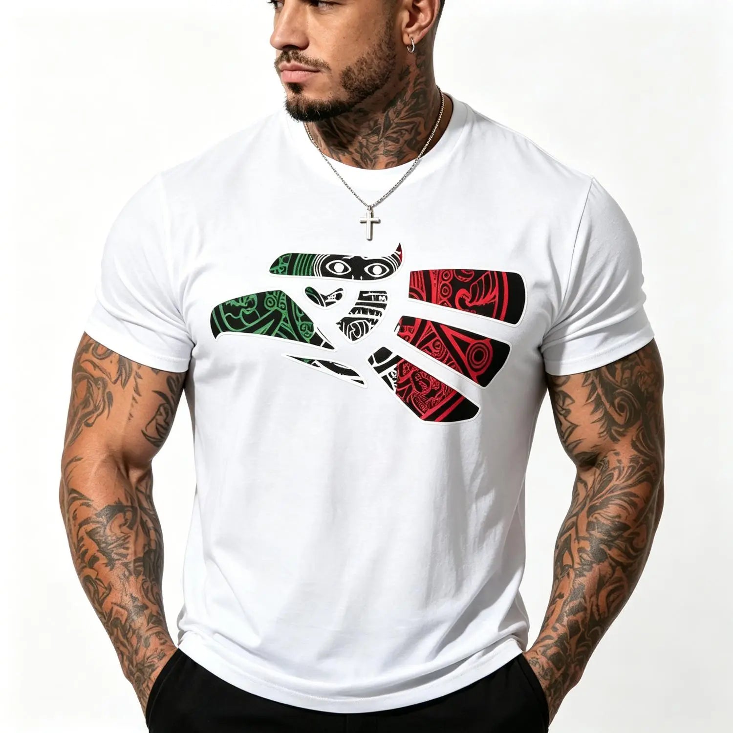 Mexico Heritage Eagle Graphic Tee/Sweatshirt/Hoodie - Featuring Green White Red Mexico Eagle Tribal Art Design with Mexico Flag Tattoo Eagle