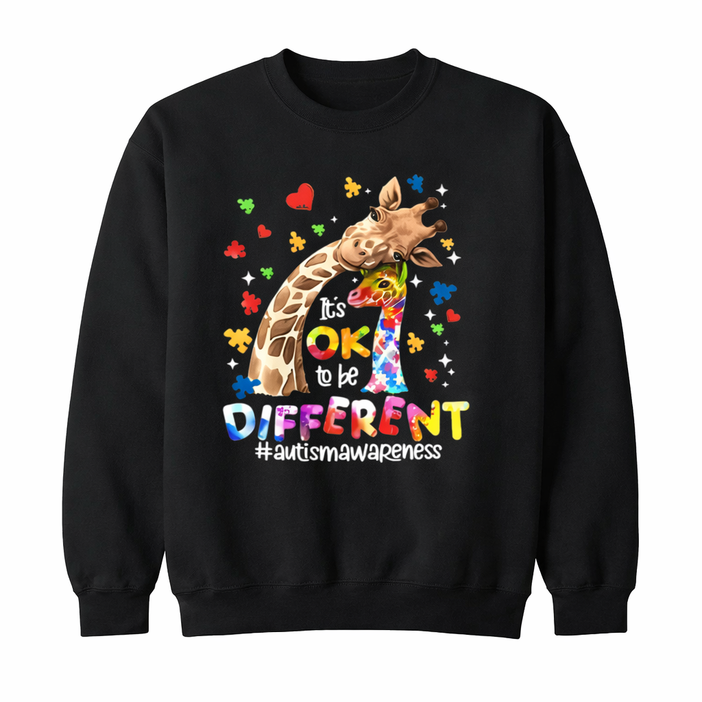 “Ok To Be Different” Autism Awareness Shirt/Sweatshirt/Hoodie – Giraffe Puzzle Heart Graphic Tee for Women