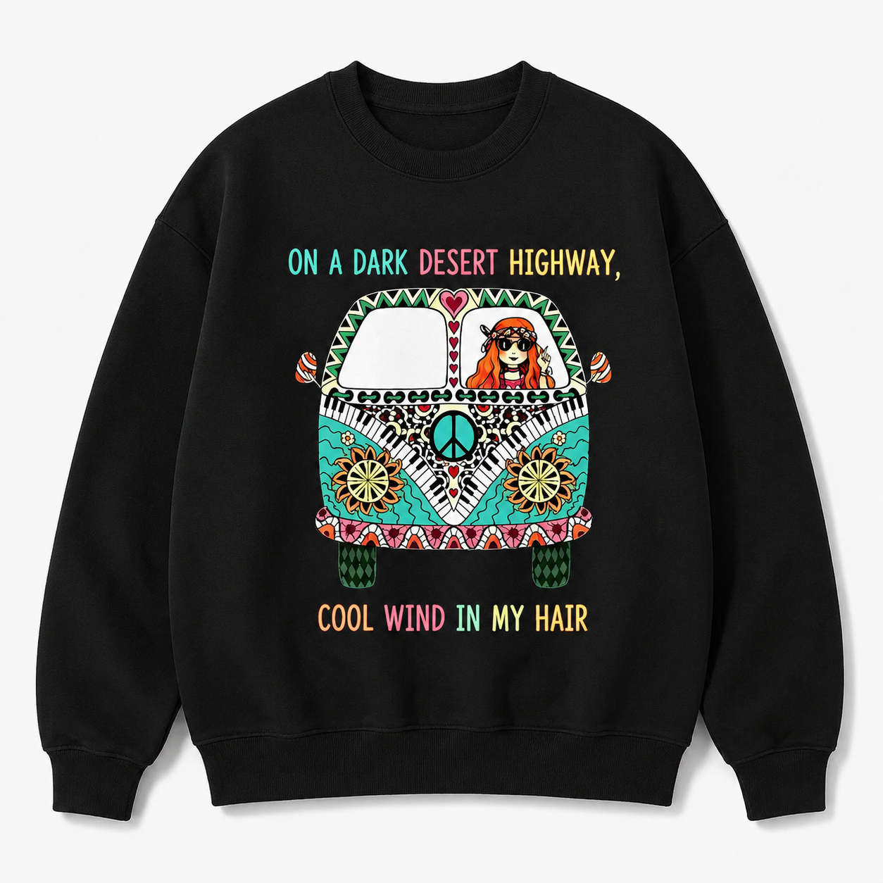 🎶Colorful Bohemian Graphic Tee/Sweatshirt/Hoodie for Plus Size Women Showcasing Hippie Bus Desert Scene and Dark Highway Quote