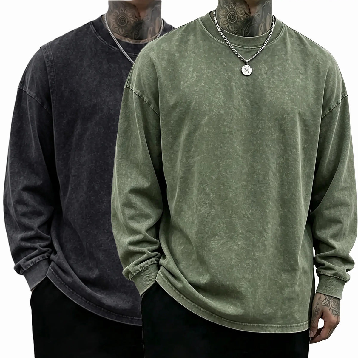 Men’s Vintage Washed Long Sleeve T-Shirt/Sweatshirt/Hoodie – Oversized Crewneck Relaxed Fit Streetwear Tee