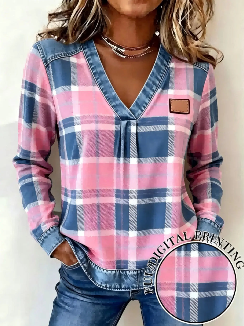 Women’s Plaid V-Neck Top – Faux Denim Trim Long Sleeve Casual Shirt