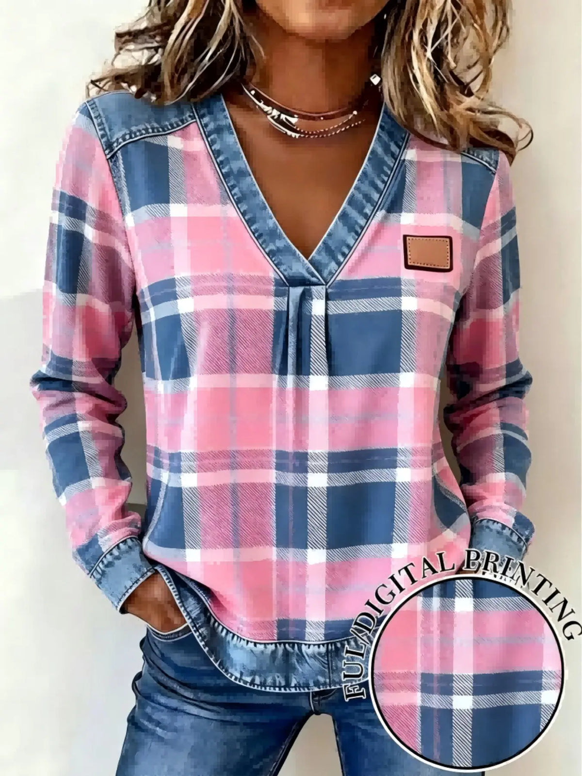 Women’s Plaid V-Neck Top – Faux Denim Trim Long Sleeve Casual Shirt