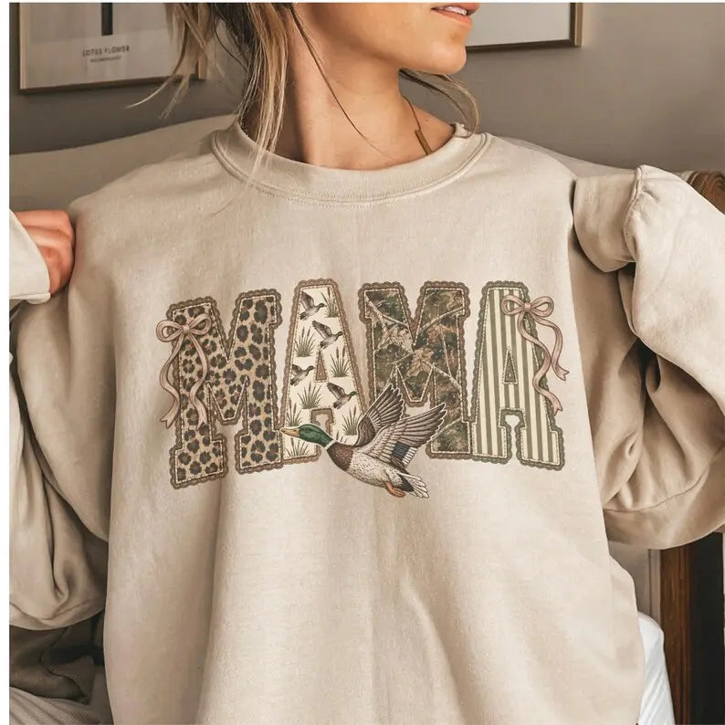 Duck Hunting Mama Sweatshirt/Hoodie/T-Shirt – Vintage Camo Bow Graphic Crewneck for Women
