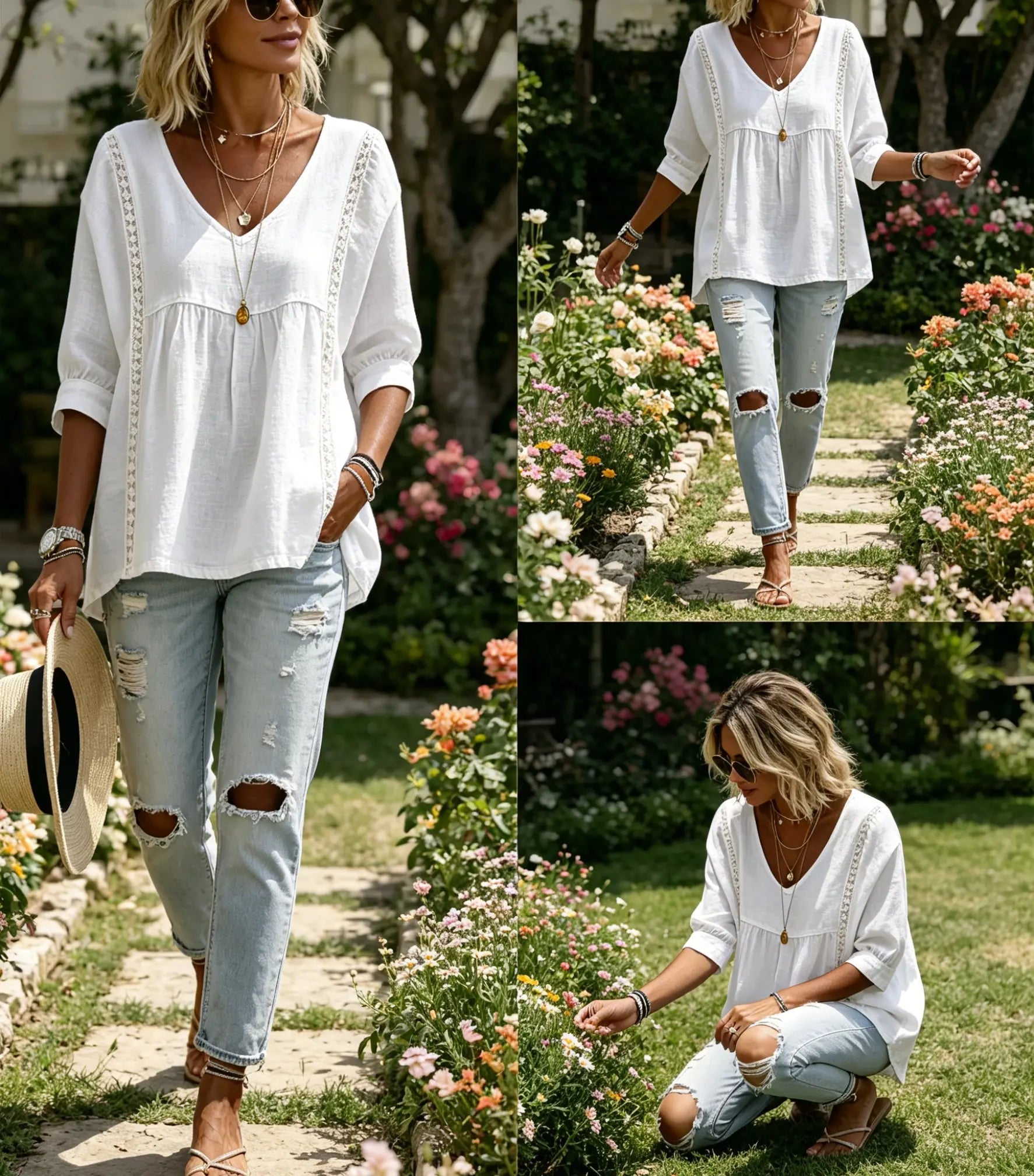 Women's V Neck Boho Blouse – Relaxed Fit Lace Detail Puff Sleeve Casual Top