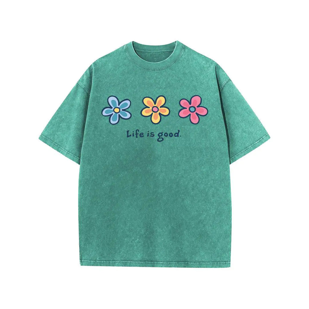 Life Is Good Daisy Tee 🌼 – Vintage Wash Oversized T-Shirt