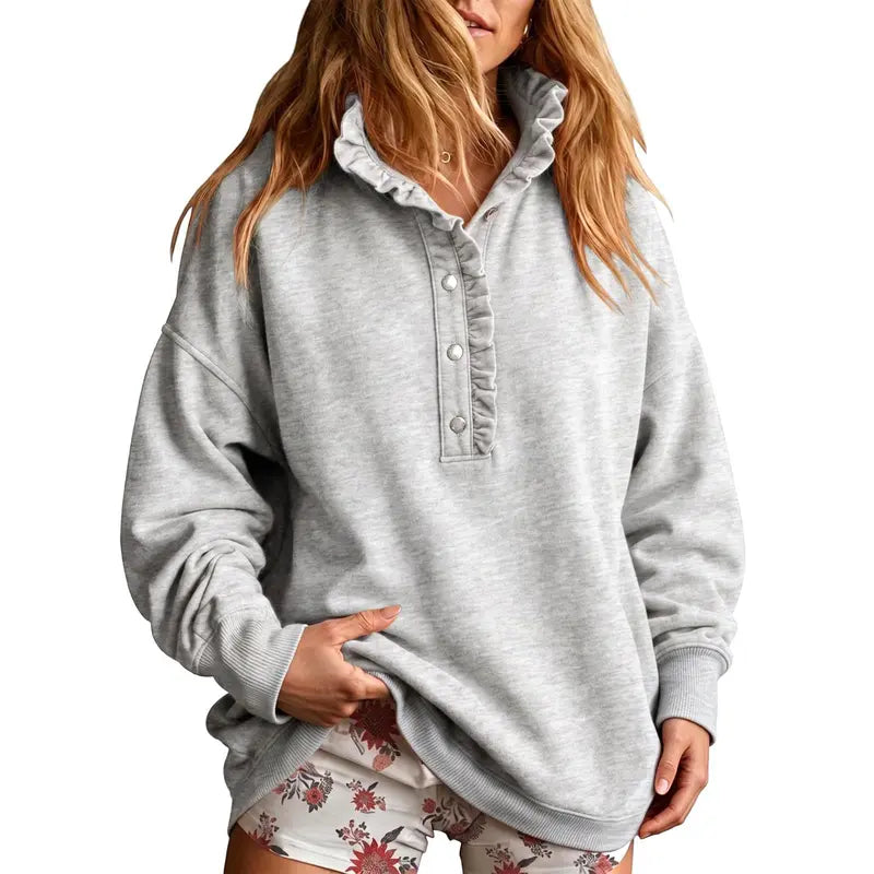 Women's Ruffle Mock Neck Sweatshirt – Oversized Snap Button Casual Pullover