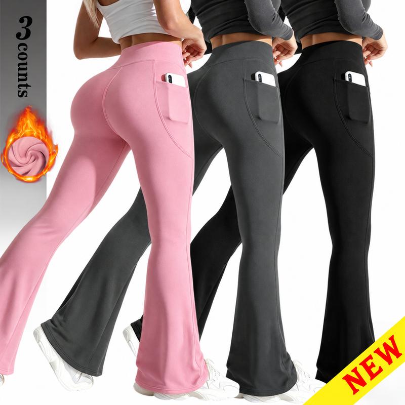 Women's Fleece-Lined Flare Leggings – High-Waisted Warm Pants with Pockets