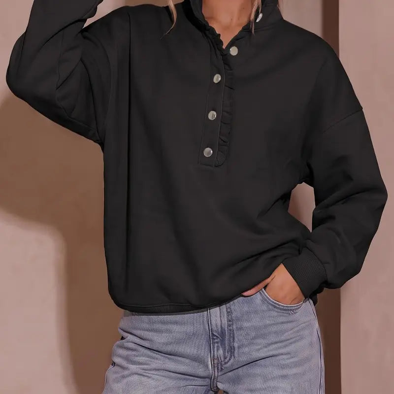Women's Ruffle Mock Neck Sweatshirt – Oversized Snap Button Casual Pullover