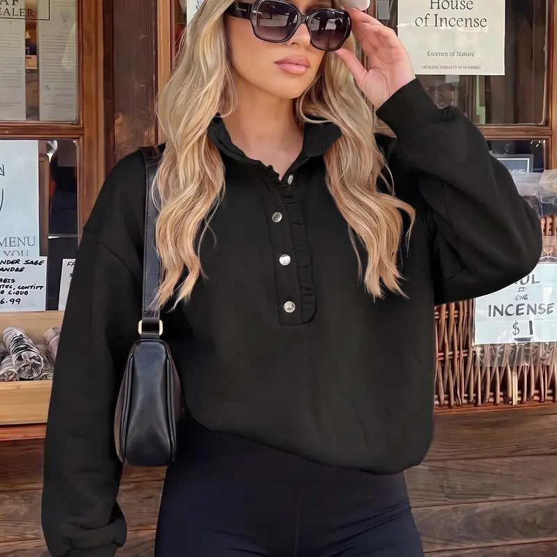 Women's Ruffle Mock Neck Sweatshirt – Oversized Snap Button Casual Pullover