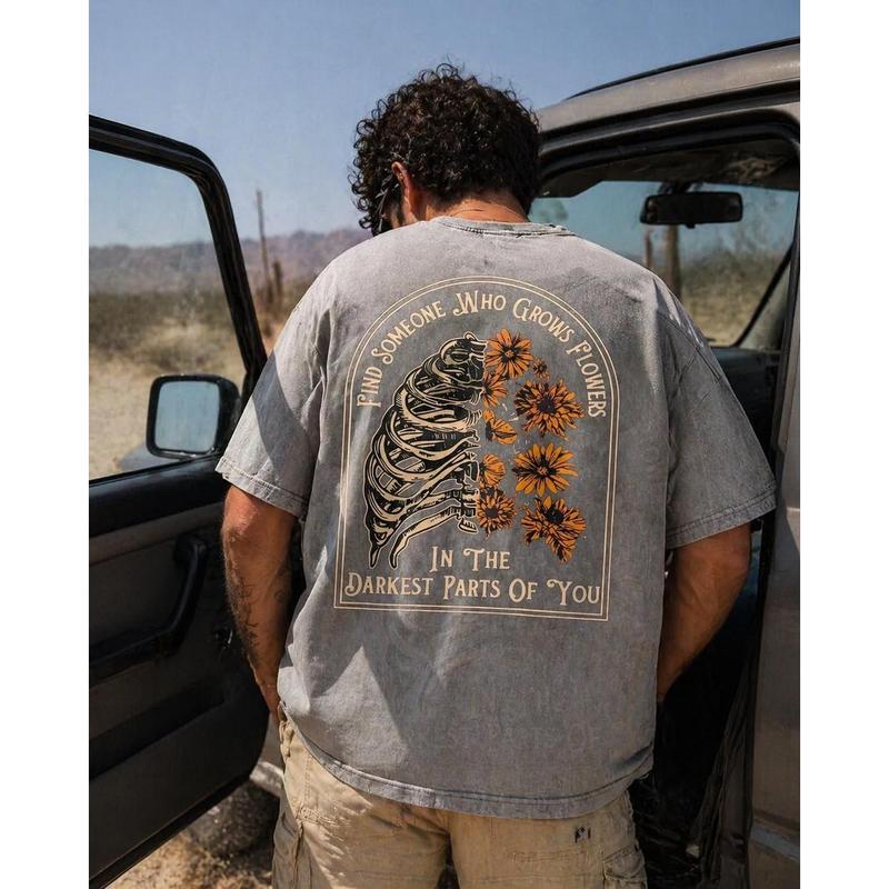 Skeleton Sunflower Graphic T-Shirt/Sweatshirt/Hoodie – Vintage Gothic Floral Front & Back Tee