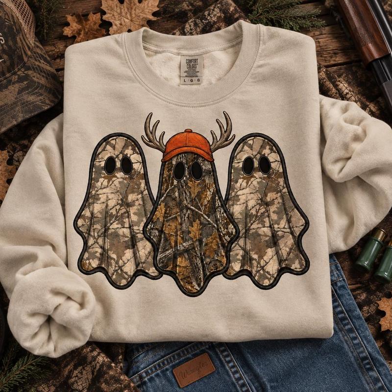 Camo Ghost Hunting Halloween Printed Sweatshirt/Hoodie/T-shirt – Vintage Hunting Season Graphic Crewneck