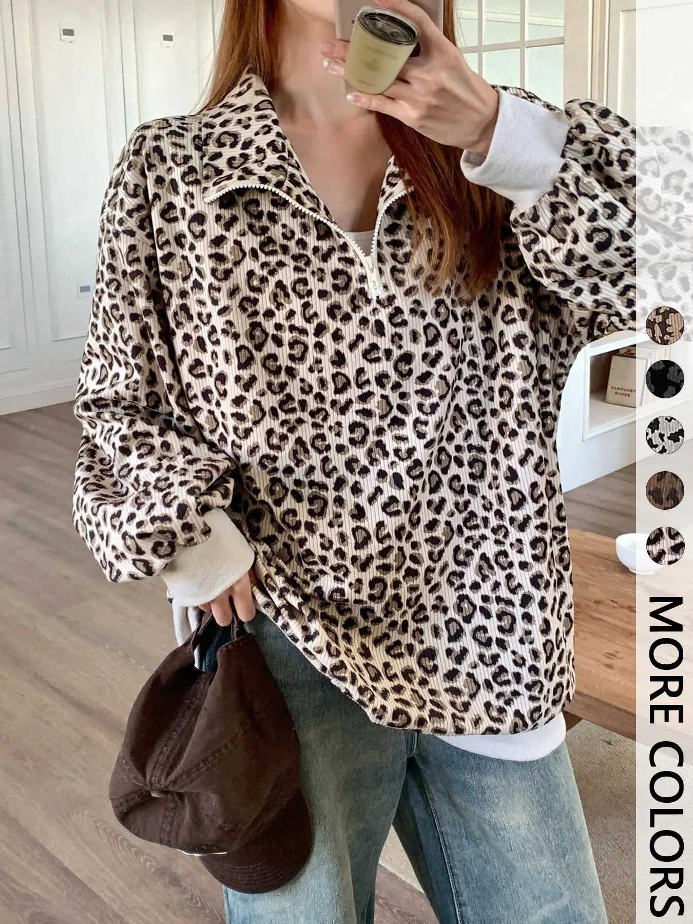 Leopard Print Quarter Zip Pullover – Women's Trendy Casual Sweatshirt