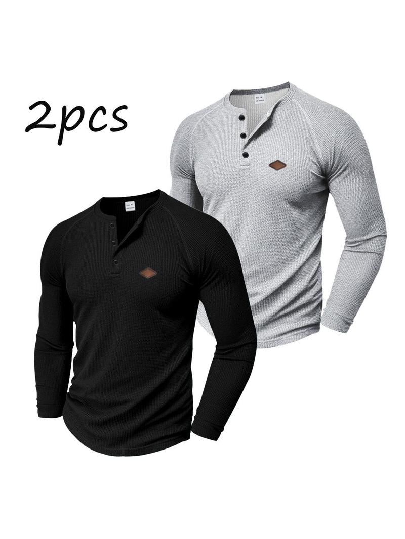 Men's 2-Pack Waffle Knit Henley Shirts – Long Sleeve Raglan Casual Tops