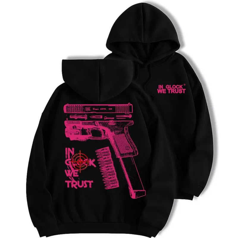 In Glock We Trust Graphic Hoodie/Sweatshirt/T-shirt – Bold Firearm Blueprint Print Pullover, Casual Streetwear Sweatshirt