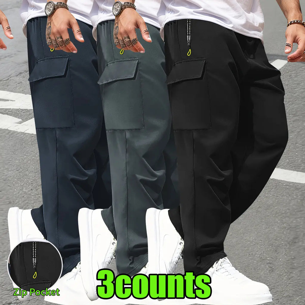 3-Pack Men’s Cargo Pants – Multi-Pocket Drawstring Utility Joggers with Zip Pockets