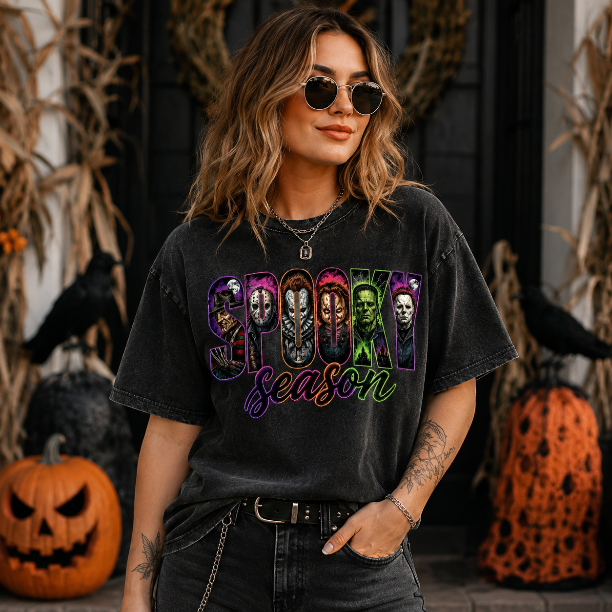 🤡Spooky Season Horror Graphic T-Shirt/Sweatshirt/Hoodie – Retro Scary Movie Neon Halloween Retro Tee