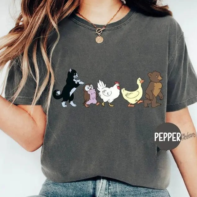 Cute Animal Parade T-Shirt/Sweatshirt/Hoodie – Little Bear Cat Owl Chicken Duck Graphic Tee, Cottagecore Animal Lover Shirt