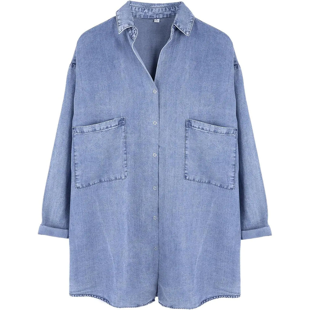 Women’s Tencel Chambray Denim Shirt – Oversized Button Down 3/4 Sleeve Top with Pockets